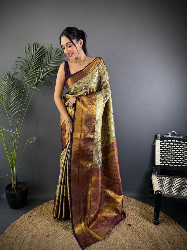 Elora Green Silk Leheriya Meenakari Zari Weaves Dharmavaram Saree - Dista