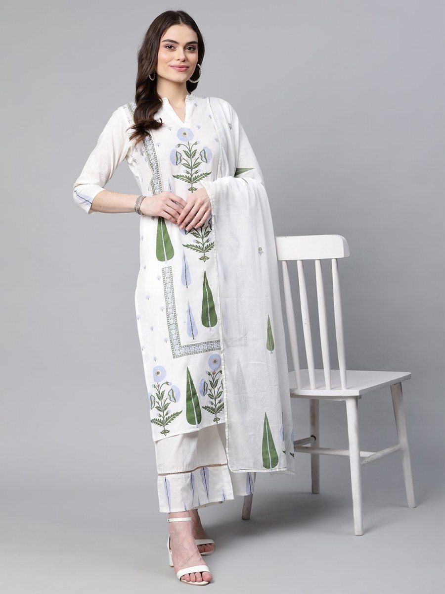 Ahalyaa Women Off White Colour Pure Cotton Printed Kurta Palazzo Set With Dupatta - Distacart