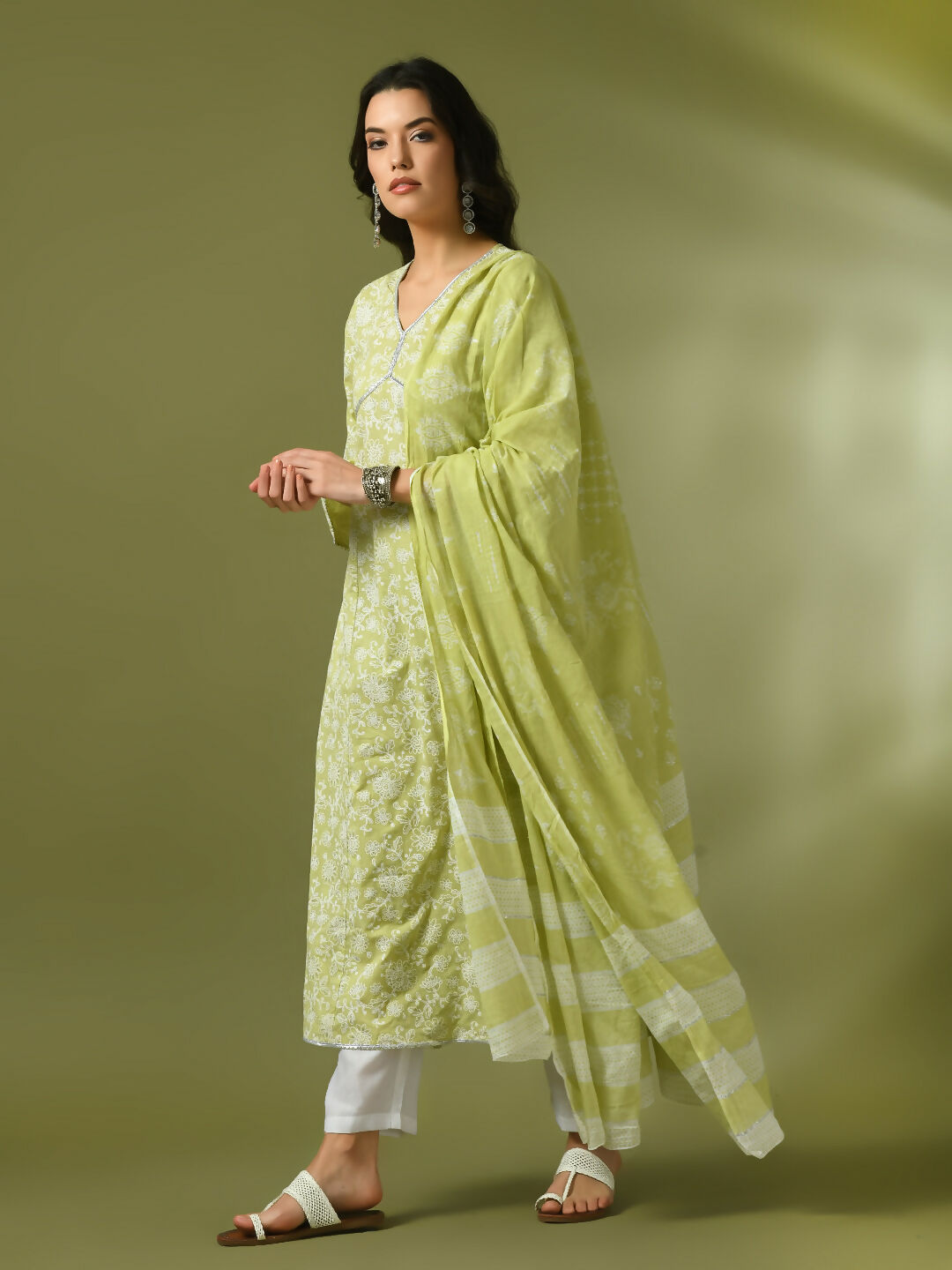 Myshka Women's Lime Green Printed Cotton Anarkali Party Kurta Set With Dupatta - Distacart