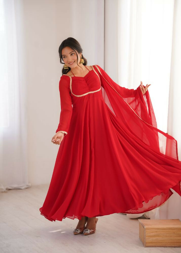 The52 Women's Gorgeous Solid Fox Blooming Georgette Fabric Flared Anarkali and Dupatta Set