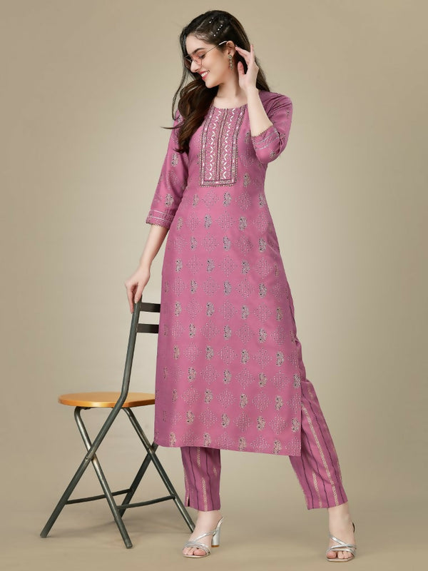Jyoti Fashion Women's Purple Rayon Embroidered Kurta Pant Set - Distacart