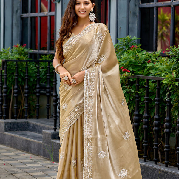 Vastranavya Beige Embroidery Work Shimmer Chiffon Saree with Unstitched Blouse