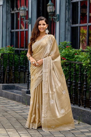 Vastranavya Beige Embroidery Work Shimmer Chiffon Saree with Unstitched Blouse