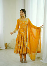 Thumbnail for Teeya Creation Yellow Color Heavy Faux Georgette Embroidery Work Gown