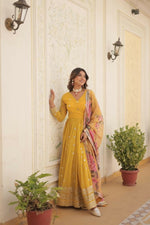 Thumbnail for Aastha Fashion Women's Yellow Faux Georgette Embroidery Zari Sequins-work Gown with Dupatta - Distacart