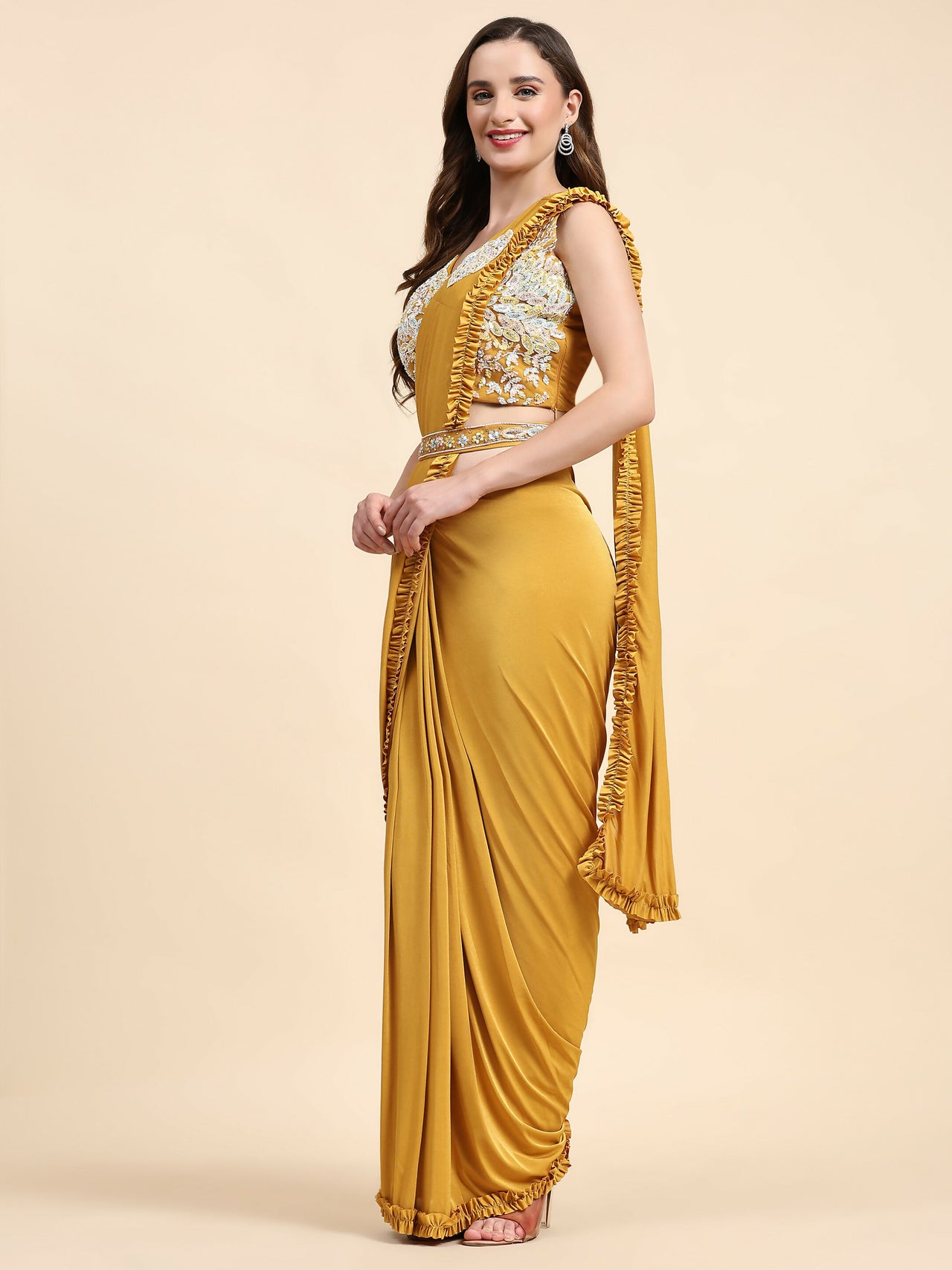 Yellow Lycra Solid Ready to wear Saree with stitched Blouse - Vanita - Distacart
