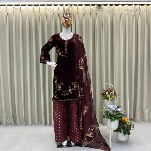 Vastranavya Wine Velvet Sequence Embroidery Work Kurta & Palazzo With Dupatta