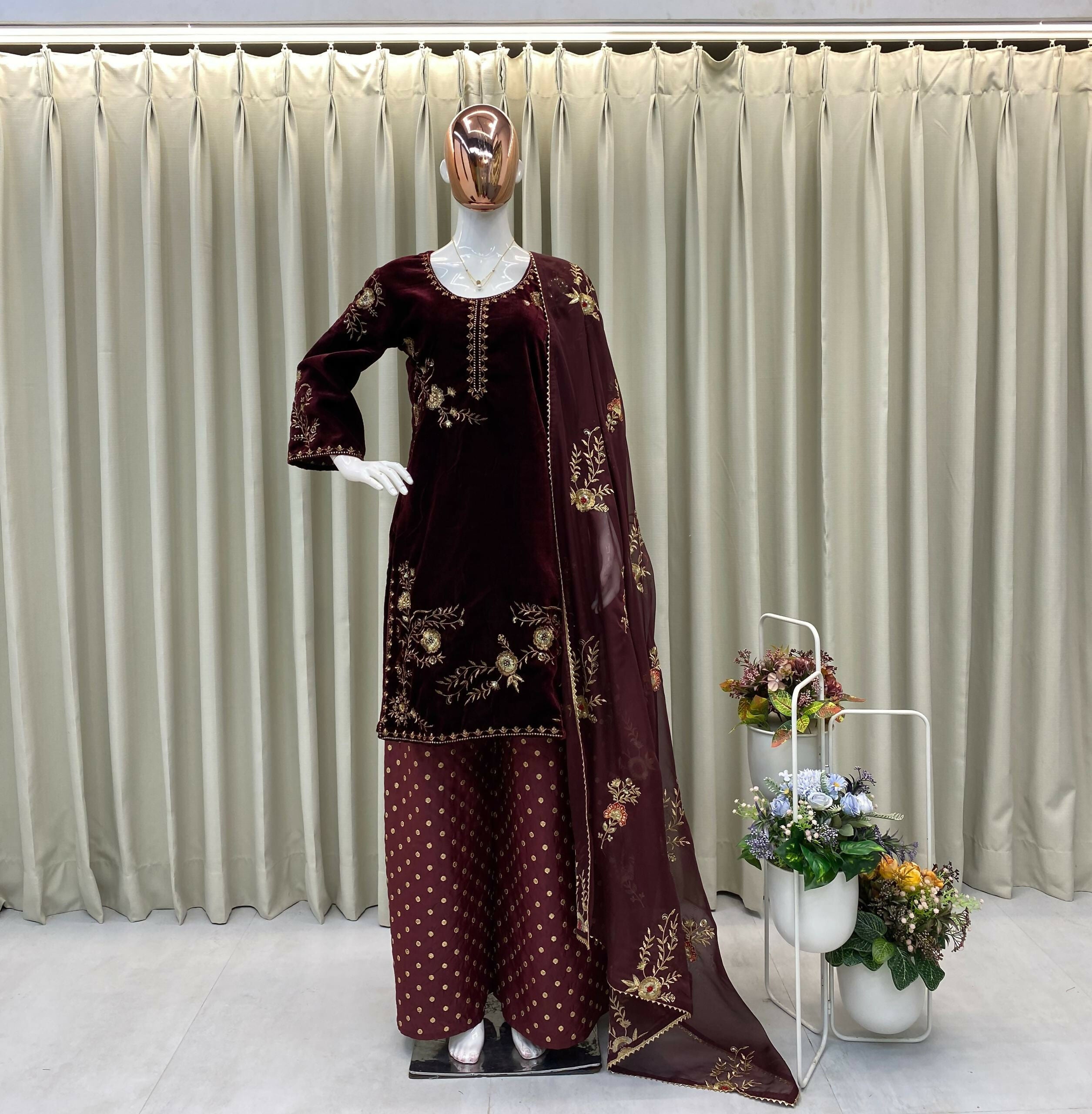 Vastranavya Wine Velvet Sequence Embroidery Work Kurta & Palazzo With Dupatta - Distacart