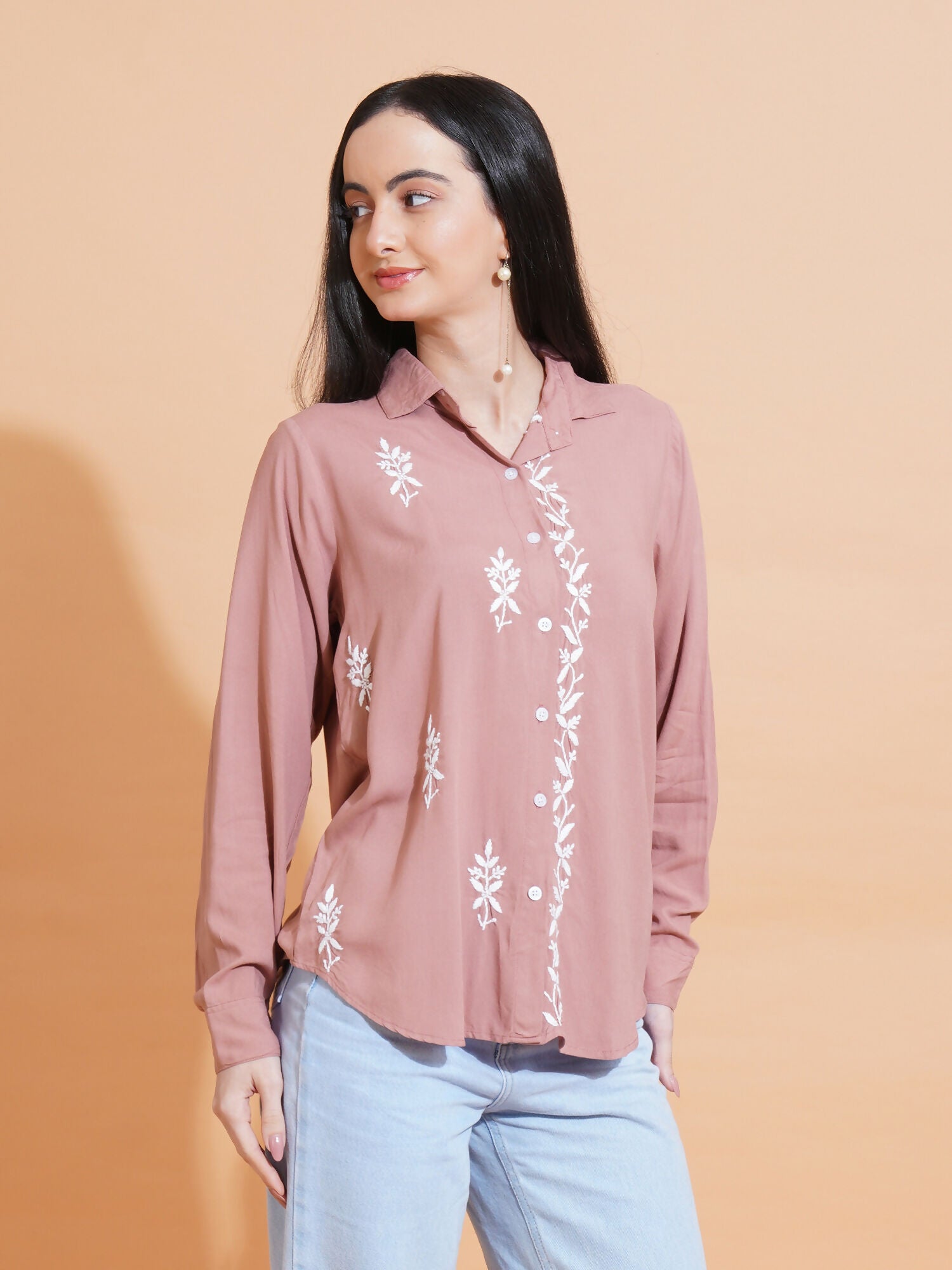 Pahnaz Modal Chikankari Handwork Shirt-Brown - Dista