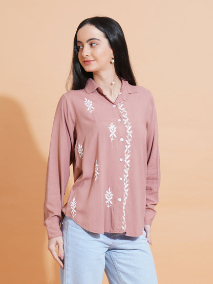 Pahnaz Modal Chikankari Handwork Shirt-Brown - Dista