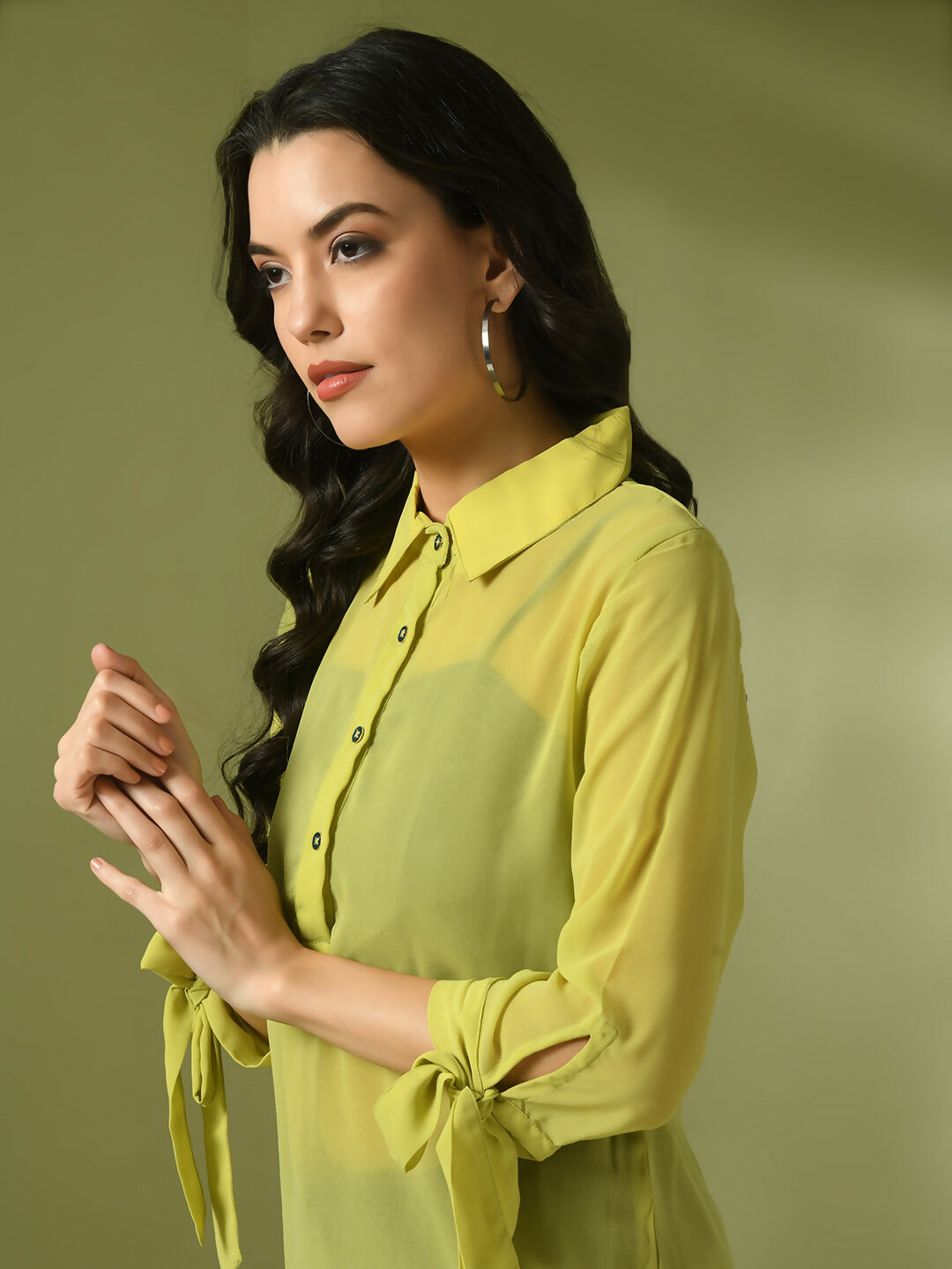 Myshka Women's Yellow Solid Georgette Longline Party Sheer Tunic - Distacart