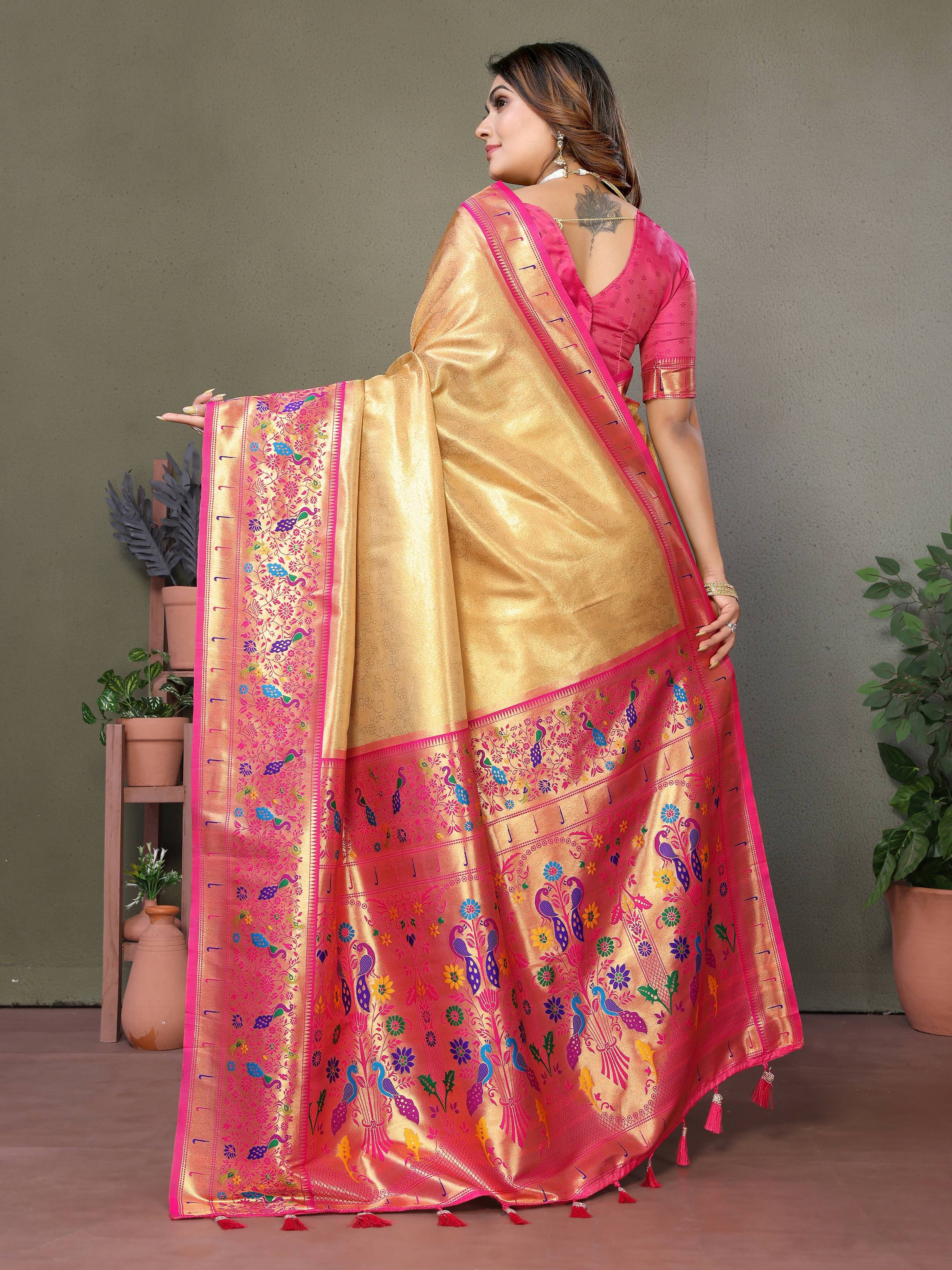 Aastha Fashion Gold Tissue Silk Paithani Woven Saree - Distacart