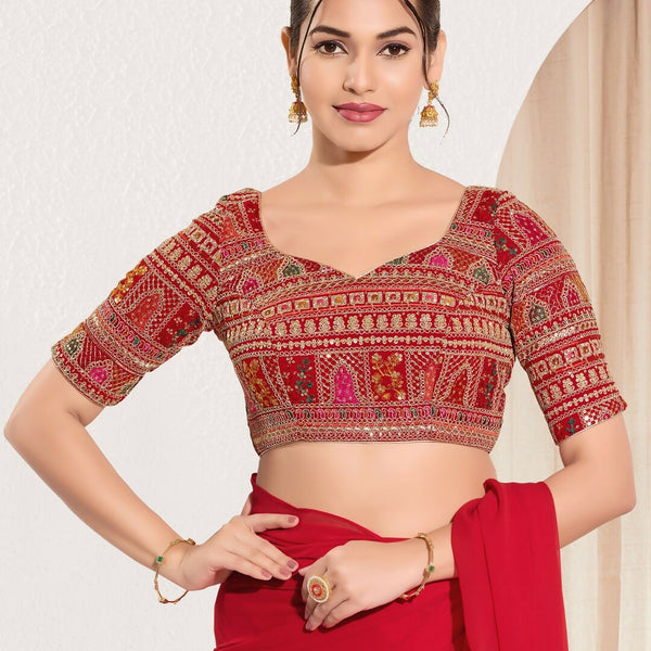 Joban Fashion Red Brocade Padded Blouse With Sweetheart Neck Elbow Sleeves - Distacart