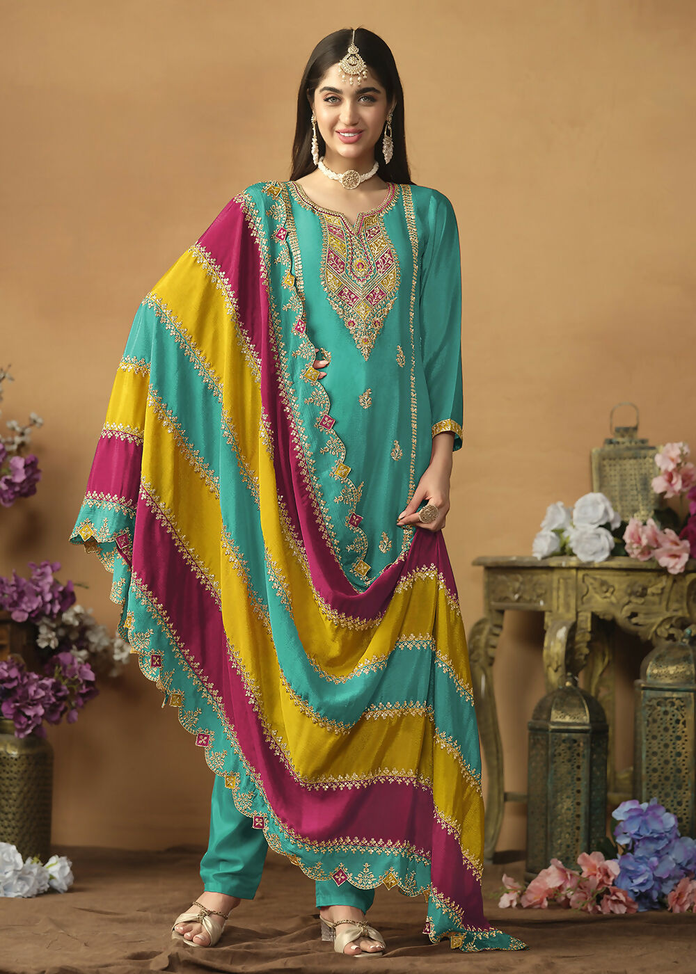 Chinnon Silk Turquoise Salwar Suit with Multicolor Dupatta - Emponline - Distacart