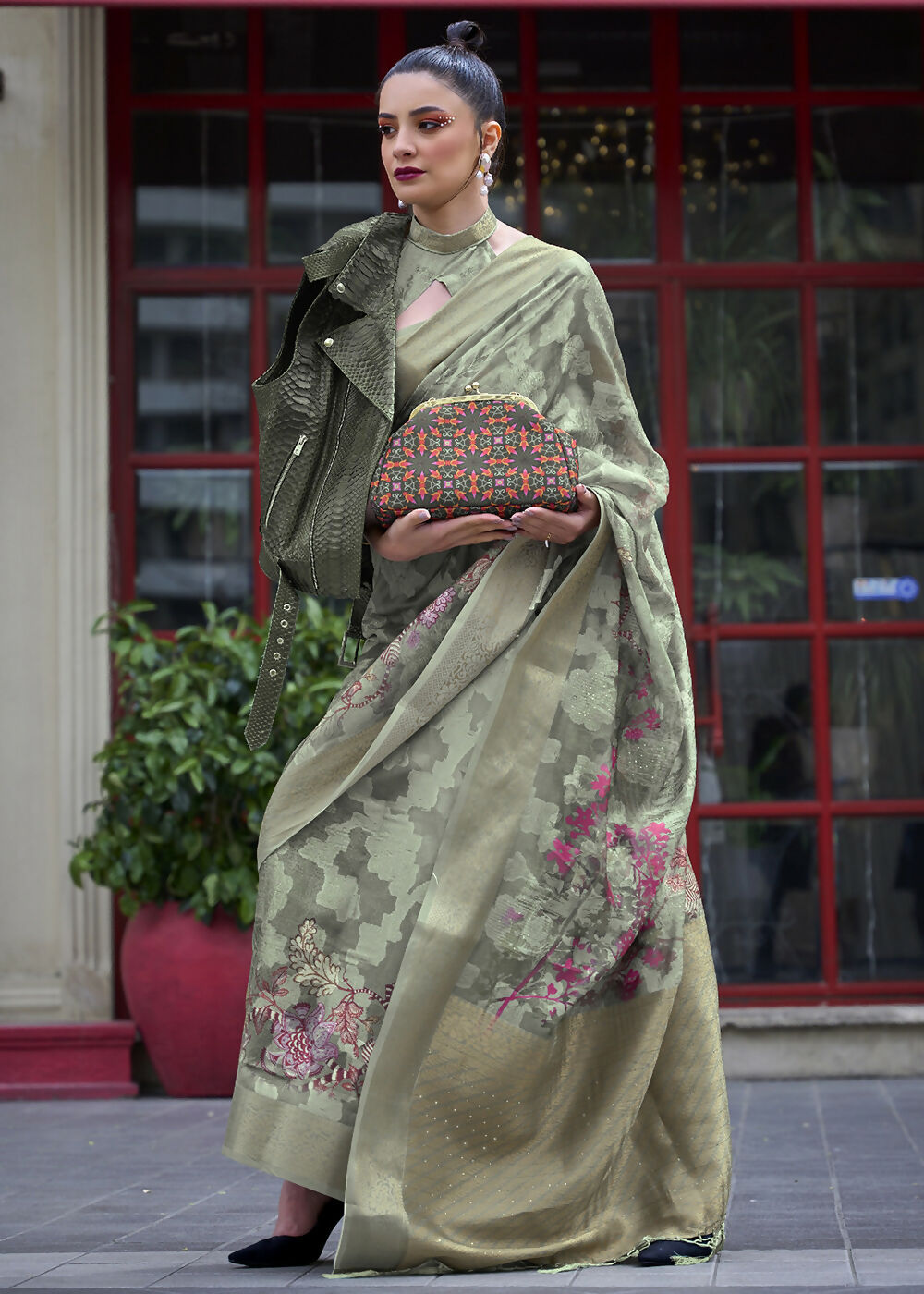 Lovely Pista Green Polly Brasso Designer Saree - Emponline - Distacart