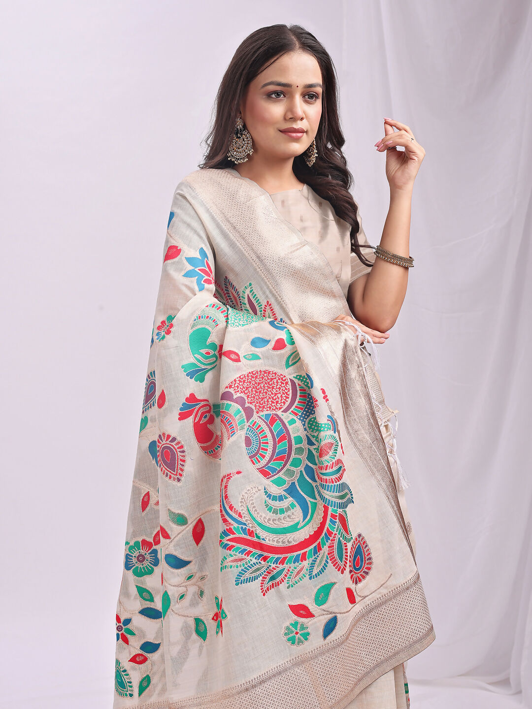 Shree Shyam Fashion Linen Cotton Cream Saree - Distacart
