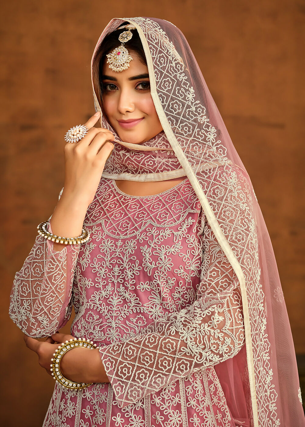 Pink All Over Embroidered Net Wedding Anarkali Suit - Emponline - Distacart