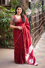 Thumbnail for Maroon Chanderi Cotton Block Print Saree with Unstitched Blouse - Hiral Fashion - Distacart
