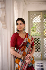 Thumbnail for Vastranavya Maroon Viscose Chanderi Printed with Temple Border Saree & Unstitched Blouse - Distacart