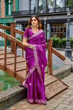 Thumbnail for Vastranavya Purple Embroidery Work Shimmer Chiffon Saree with Unstitched Blouse
