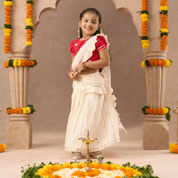 Lil Drama Festive Girls Stylish Off White Lehenga with Red Choli and Dupatta Set - Distacart