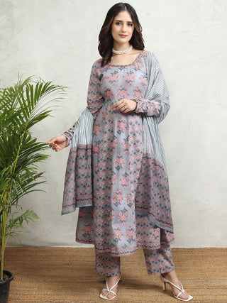 Vishudh Women Floral Printed Regular Pure Cotton Kurta with Trousers & With Dupatta - Distacart