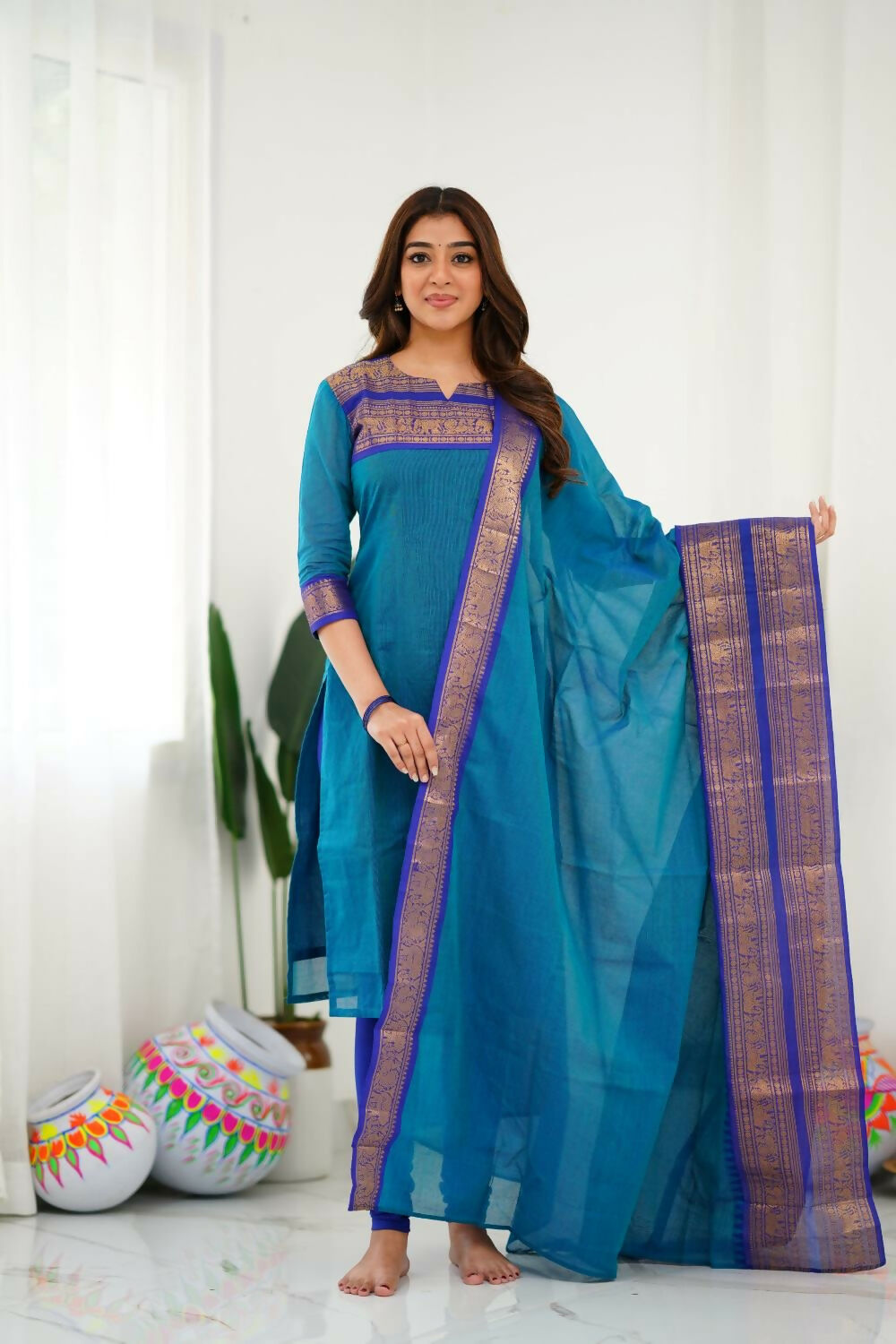 Divine Drape Women's Cotton Printed Straight Kurta With Dupatta - Sky Blue