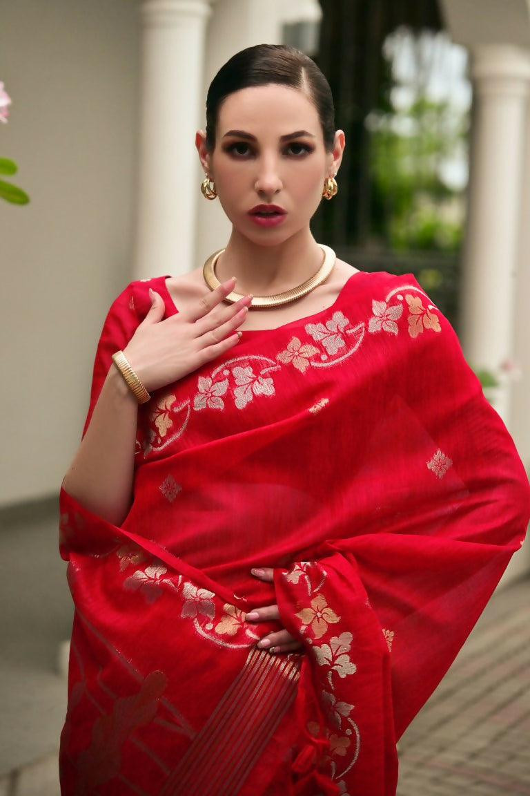Vishnu Weaves Women's Red Linen Silk Zari Weaving Saree with Blouse