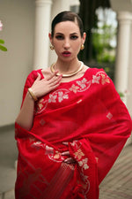 Thumbnail for Vishnu Weaves Women's Red Linen Silk Zari Weaving Saree with Blouse