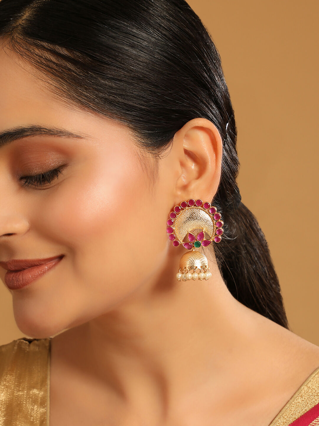 Nuyug 22K Gold Plated Ruby & Pearl Studded Dome Shaped Jhumkas