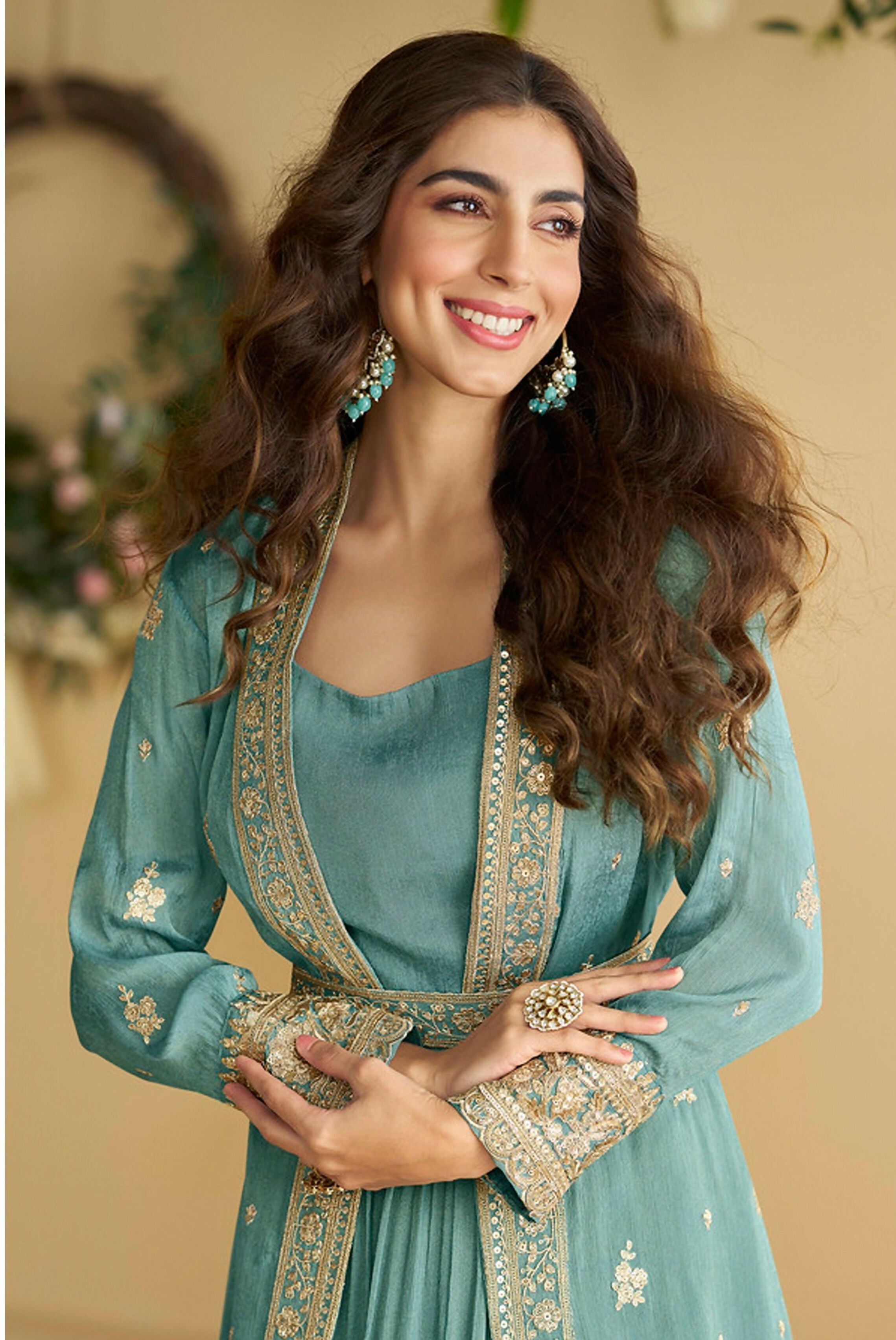 Anaita Sky-Blue Chinon Silk Readymade Anarkali Shrug Gown with Belt & Embroidery Work - Distacart