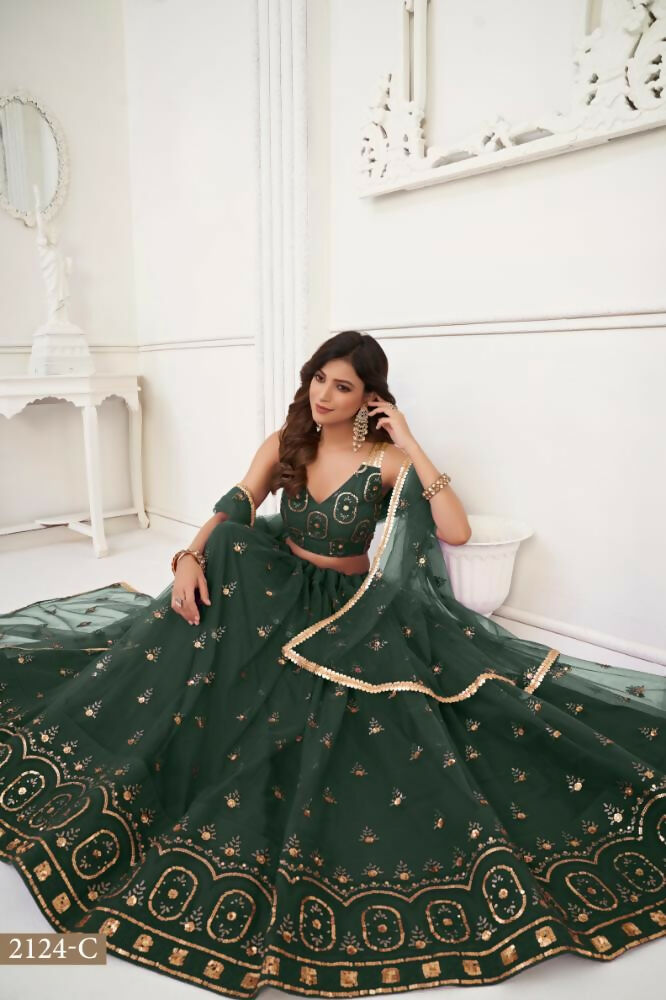 Aastha Fashion Dark Green Butterfly Net Tone To Tone Thread Work And Sandwich Sequence Work Embroidery Wedding Wear Lehenga Choli - Distacart
