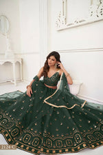 Thumbnail for Aastha Fashion Dark Green Butterfly Net Tone To Tone Thread Work And Sandwich Sequence Work Embroidery Wedding Wear Lehenga Choli - Distacart