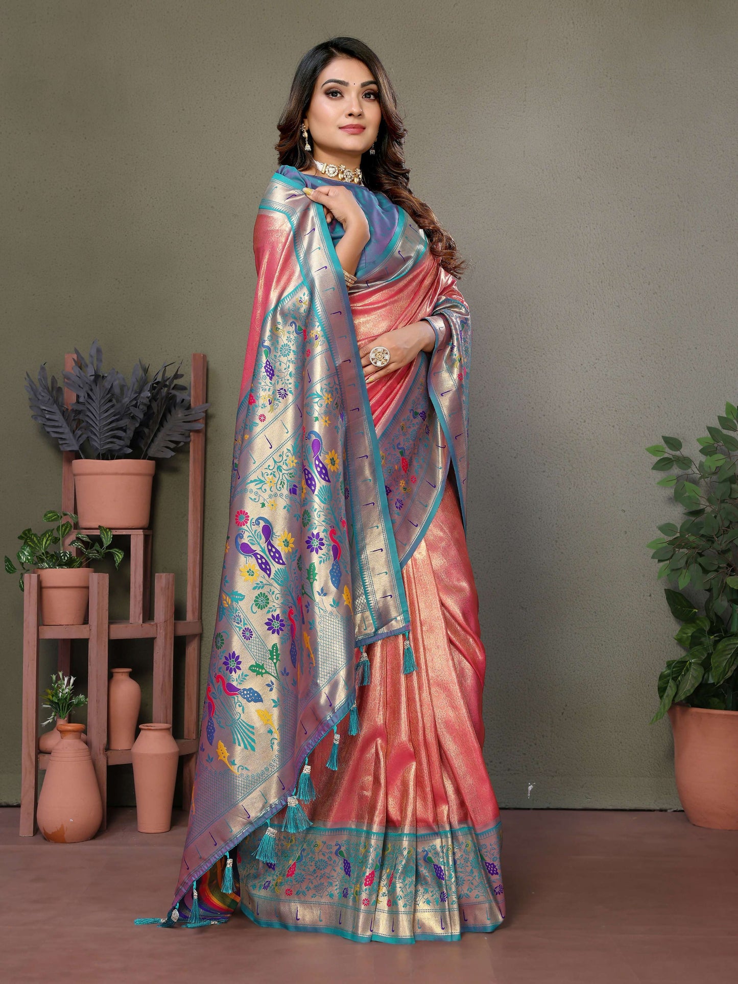 Aastha Fashion Dusty Pink Tissue Silk Paithani Woven Saree - Distacart