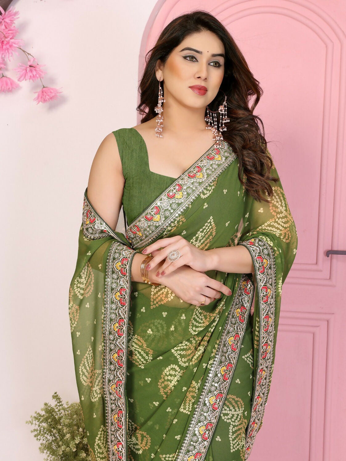 Ai Fashion Mehendi Georgette Rajwadi Bandhani Print Party Wear Saree