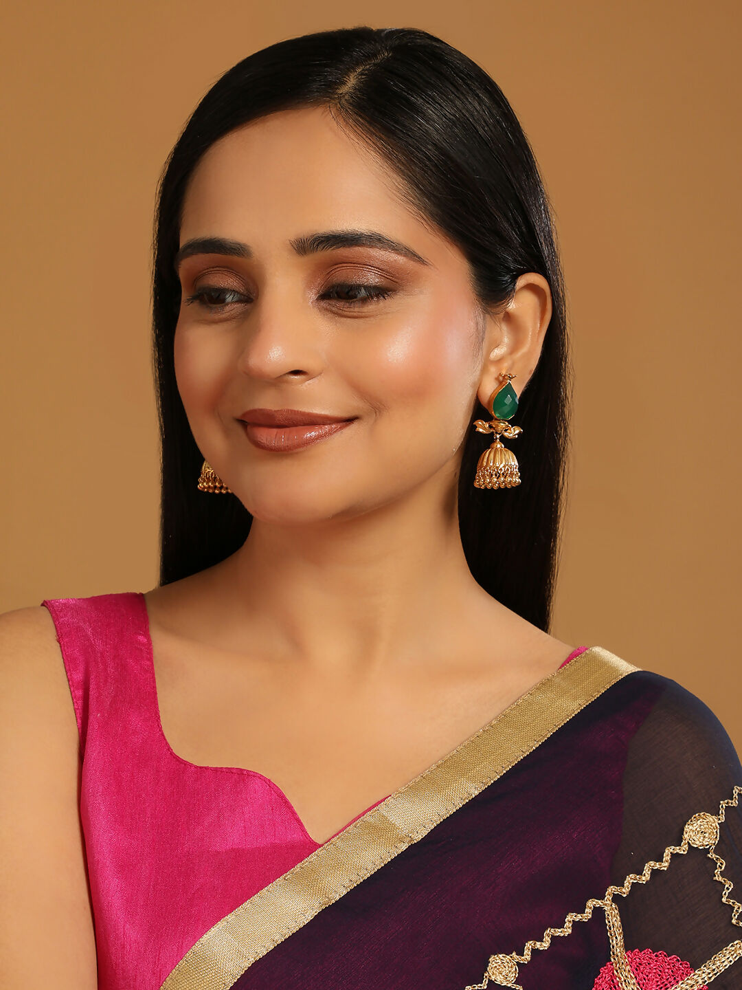Nuyug 22K Gold Plated Emerald Stone Studded Ethnic Jhumkas