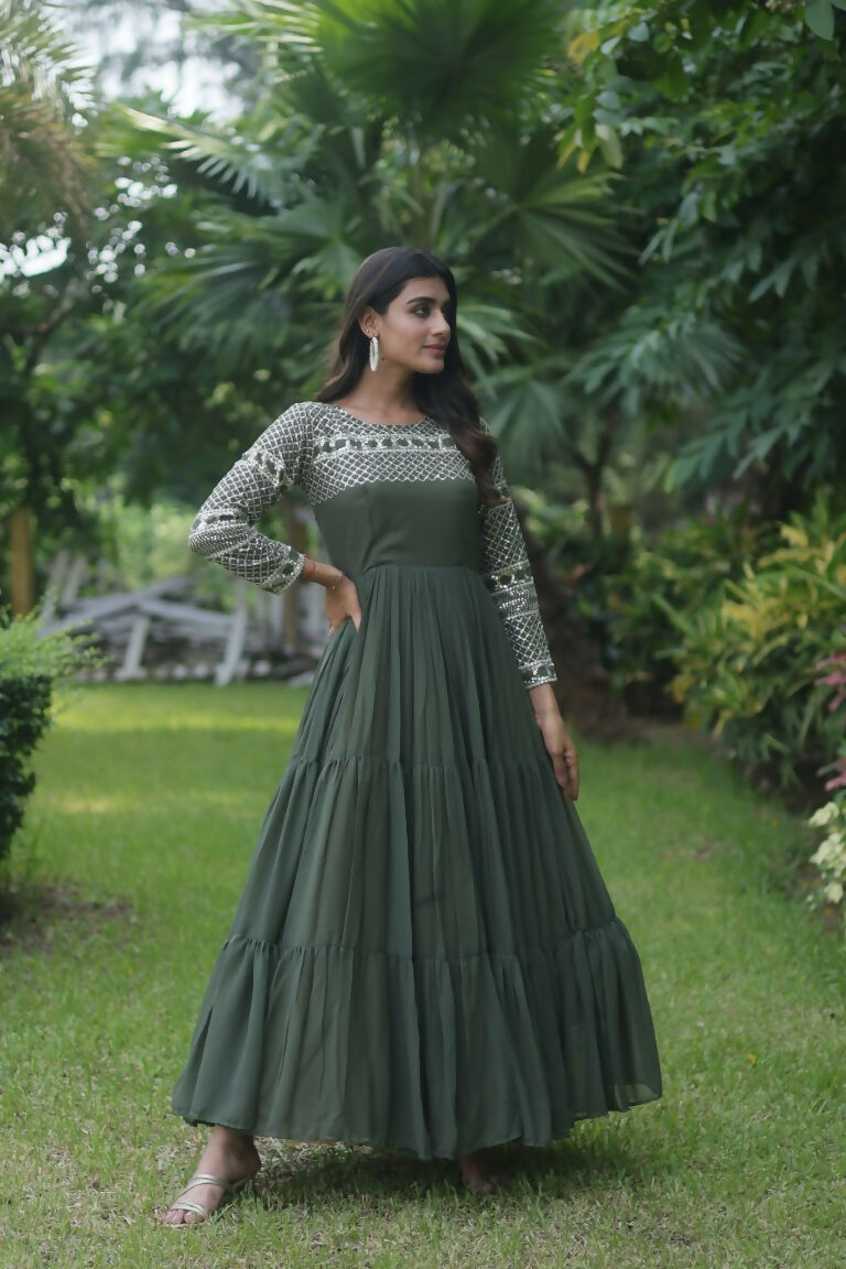 Jyoti Fashion Women's Mehendi Sequins Zari Embroidered Faux Georgette Anarkali Dress - Distacart