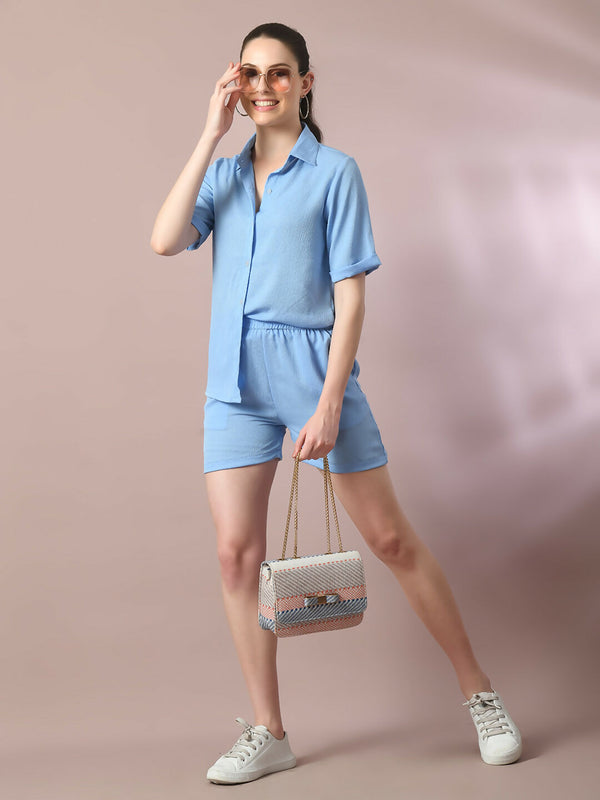 Myshka Women's Blue Solid Shirt Collar Party Shirt With Shorts Co-ord set - Distacart