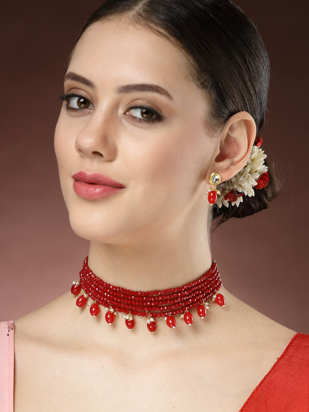 NVR Women's Red Artificial Beads Layered Necklace with Drop Earring - Distacart
