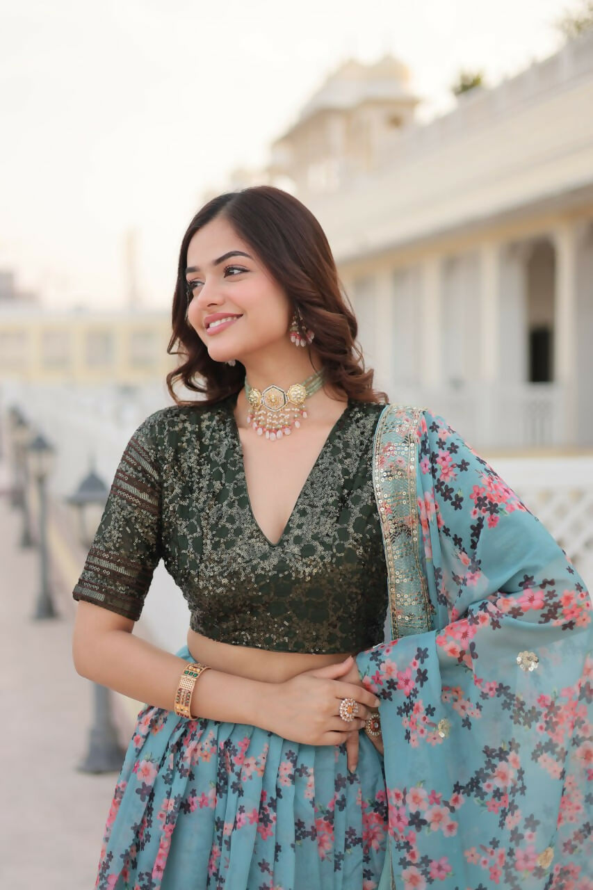 Preksha Creation Digital Printed Russian Silk Fabric Women Lehenga Choli - Sky Blue - Distacart