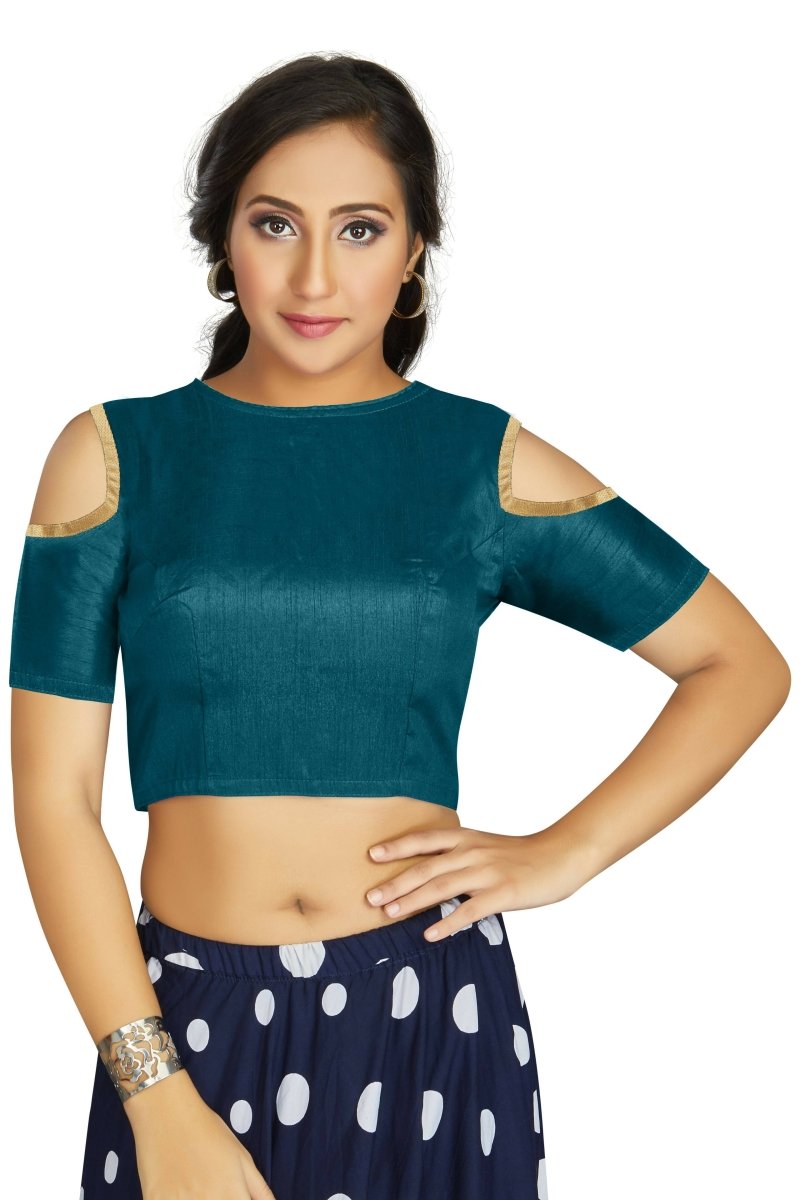 Aastha Fashion Women's Teal Art Silk Cold Shoulder Sleeve Readymade Blouse - Distacart