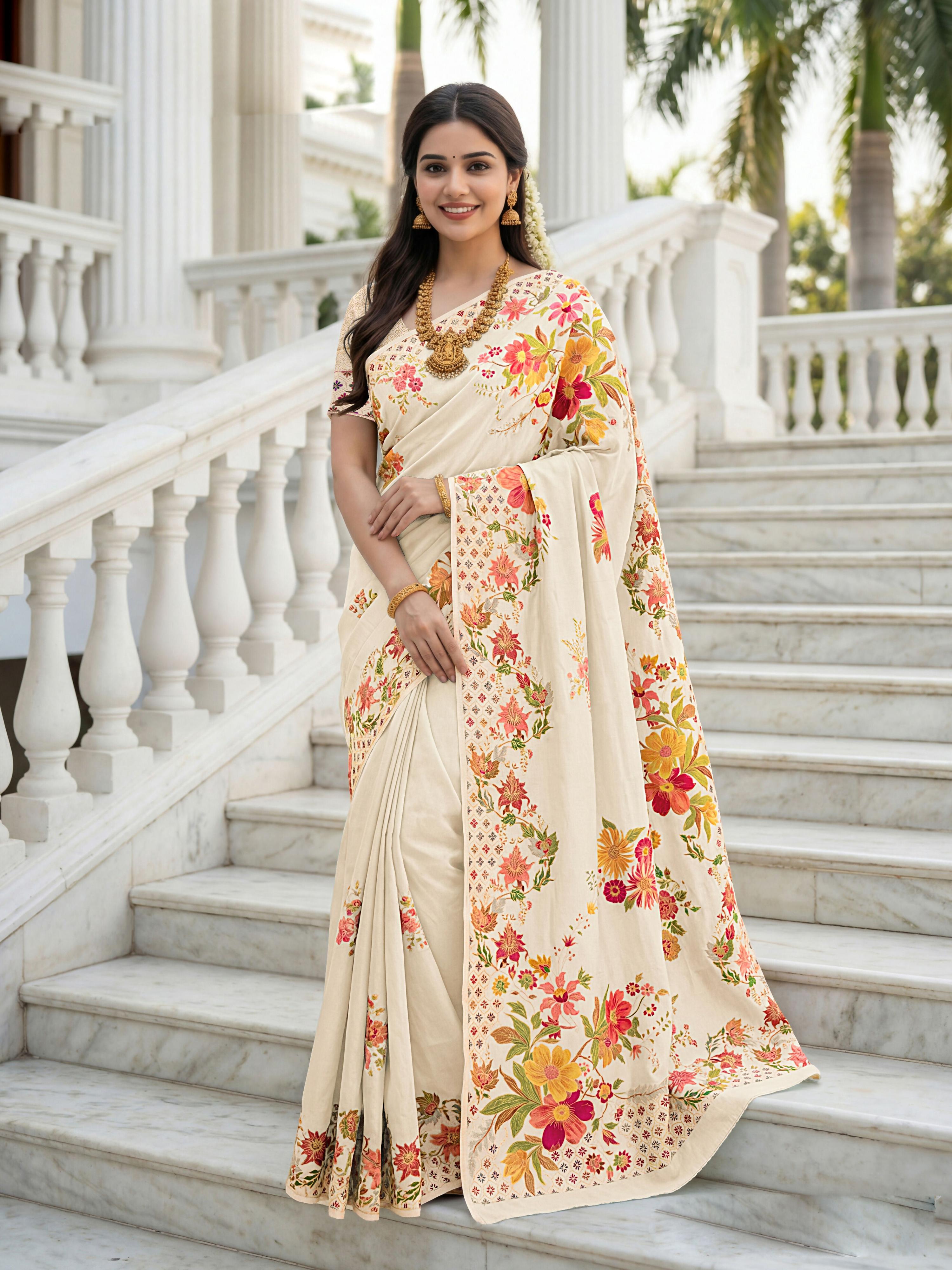 Aastha Fashion Cream Premium Russian Silk Designer Floral Position Print Saree - Distacart