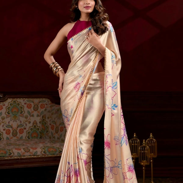 Vastranavya Cream Satin Silk Floral Printed with Pearl Lace Saree with Unstitched Blouse - Distacart