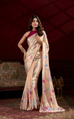 Thumbnail for Vastranavya Cream Satin Silk Floral Printed with Pearl Lace Saree with Unstitched Blouse - Distacart