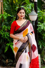 Thumbnail for White Polycotton Ethnic Motifs Saree with Unstitched Blouse - Hiral Fashion - Distacart