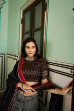 Thumbnail for Vastranavya Kashmiri Print With Foil Print Lehenga With Unstitched Printed Blouse - Grey