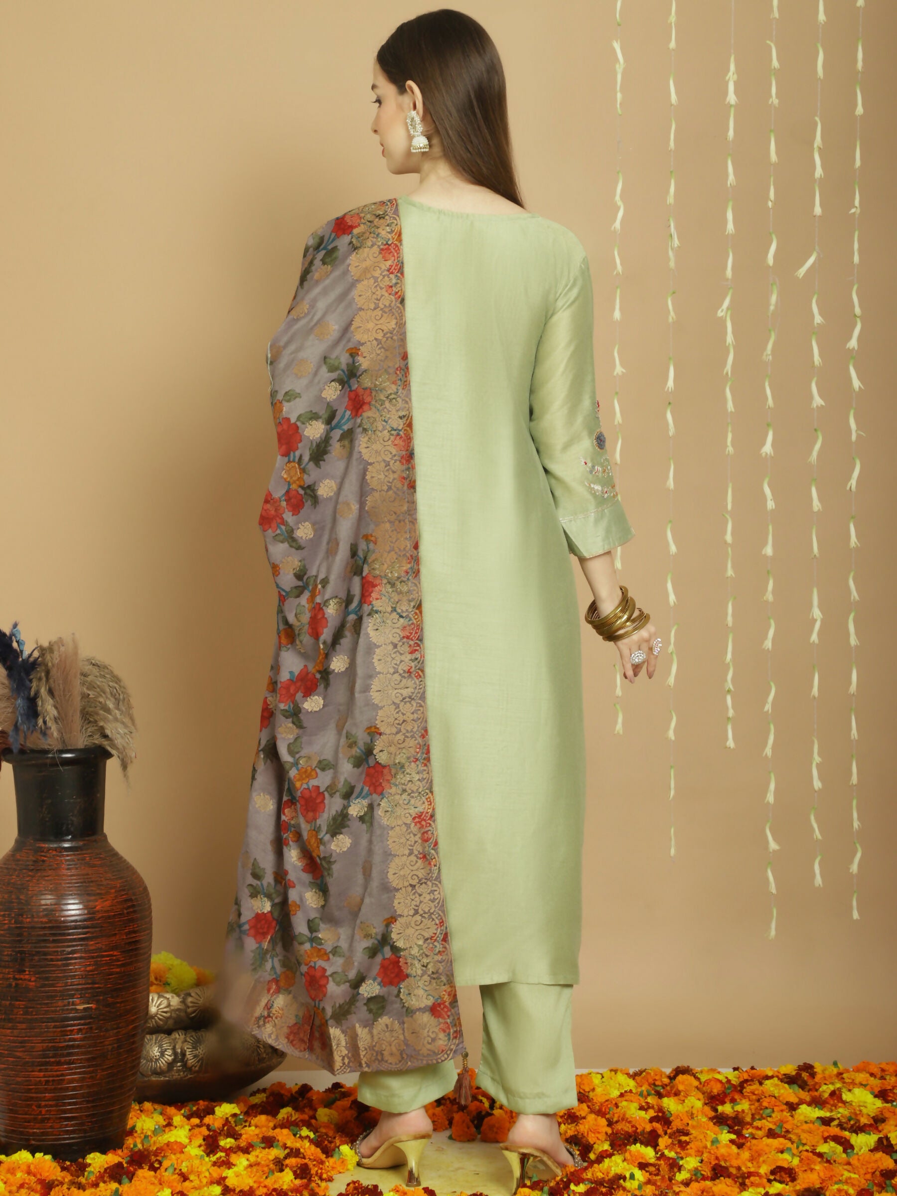 Jyoti Fashion Women's Green Chanderi Silk Elegant Jardoshi Semi Kurta with Trouser & Dupatta - Distacart