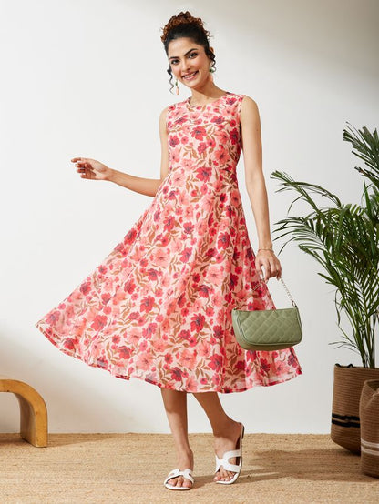 Janasya Peach Flared Georgette Dress - Dista