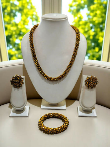 Inhanns Complete Look Crystal Statement 3-Piece Set (Adjustable Necklace + Earrings + Adjustable Bangle ) - Gold - Distacart