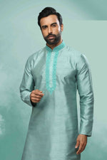 Thumbnail for Raivat Ethnic Art Silk Mirror Embroidery Work Kurta Pajama In Sea Green Colour - Dista